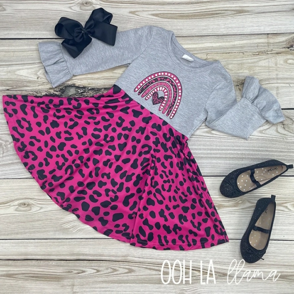 Long sleeve dress Cute outfit for girls pink leopard print skirt